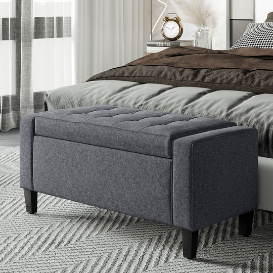 Storage Ottoman Bench, Linen Upholstered Bench with Tufted Design, Flipping Top, Dark Grey
