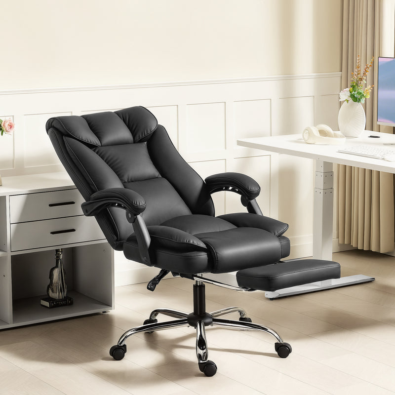 Executive Office Chair, Pet-Friendly Leather Ergonomic Desk Chair with Footrest, Swivel Recliner, Beige