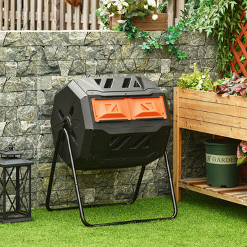 Tumbling Compost Bin Outdoor Dual Chamber 360° Rotating Composter 43 Gallon with Sliding Doors, Orange