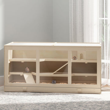 Wooden Hamster Cage Rat Cage with Slide, Tray, Natural Wood
