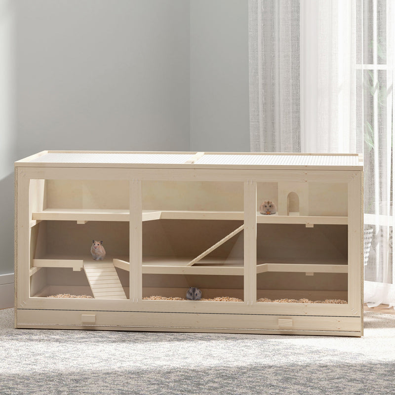 Wooden Hamster Cage Rat Cage with Slide, Tray, Natural Wood