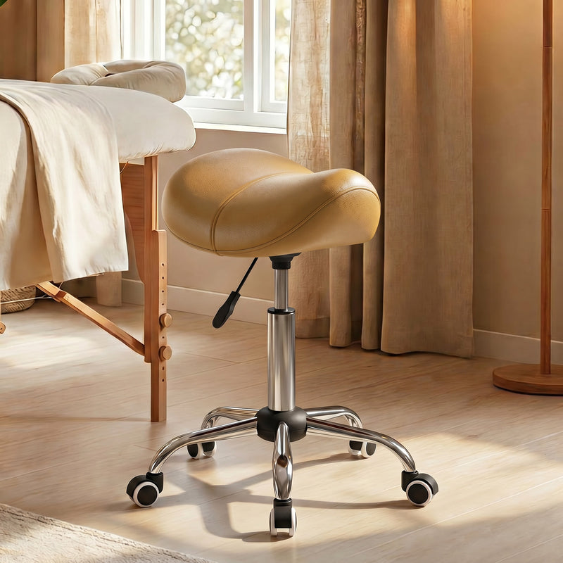 Adjustable PU Leather Saddle Chair with 360° Swivel, Healthy Posture, Saddle Chair for Massage Home Office, Light Brown