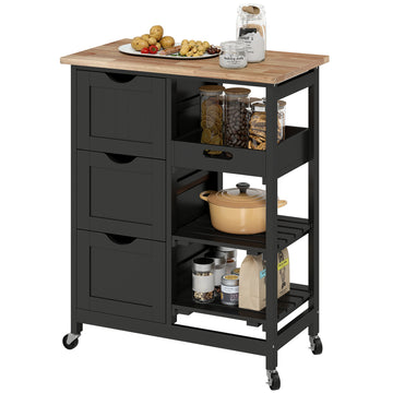 Kitchen Cart on Wheels, Rolling Kitchen Island Cart with Wood Top, 3 Drawers and Shelves for Home Dining Area