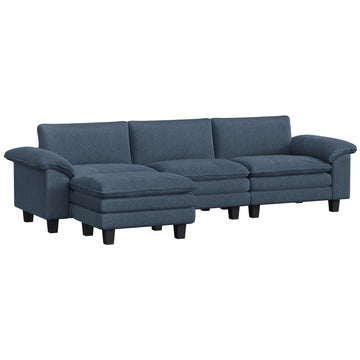 Sectional Sofa, L Shaped Sofa with Deep Seat, Movable Ottoman and Pillow-top Armrests, Blue