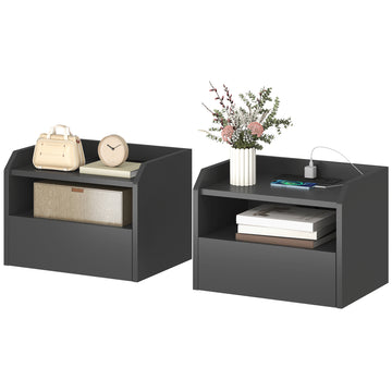 Wall Mounted Bedside Table, Set of 2 Floating Nightstand with Charging Station, Drawer and Open Shelf for Bedroom, Black
