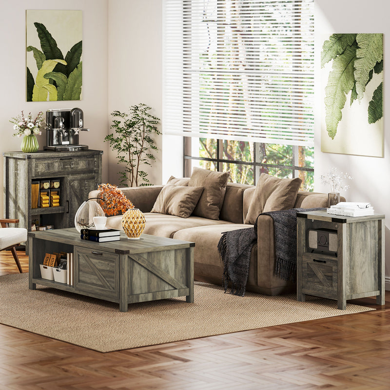 Small Side Table with Storage, Farmhouse End Table with Drawer, Open Shelf and Barn-style Panel, Nightstand for Living Room, Bedroom, Grey