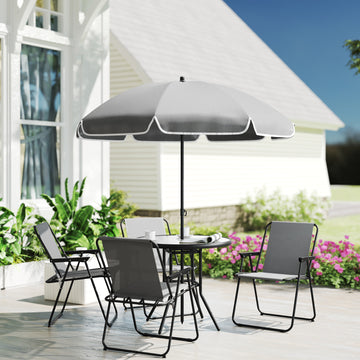 6 Pieces Patio Dining Set with Umbrella, Patio Furniture Set with Folding Chairs, Glass Table for Garden Backyard, Grey