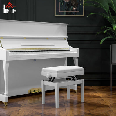 Banc de piano réglable avec rangement et rembourrage en cuir PU souple, avec suffisamment d'espace de rangement pour la musique, blanc