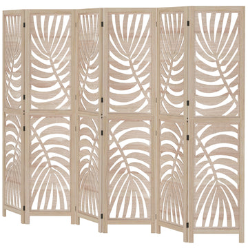 6 Panel Room Divider, Detachable Folding Privacy Screens with Palm Leaf Design for Home Office, Natural Wood