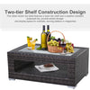 2-Tier Rattan Patio Coffee Table Wicker Patio Tea End Desk with Tempered Glass Top & Storage for Balcony, Backyard, Poolside