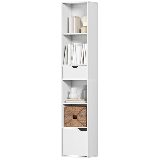 6-Tier Bookcase, Tall Narrow Bookshelf with Drawer and Door, White