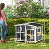 Wooden Dog House, Raised Pet Kennel with Removable Bottom, Openable Asphalt Roof, Door Curtain, Side Windows, Dark Grey