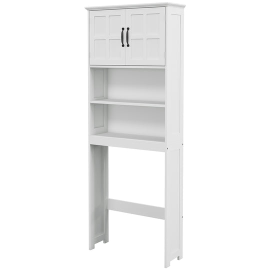 Meuble de rangement moderne pour salle de bain au-dessus de la toilette avec tablettes ouvertes et armoire à portes doubles, blanc