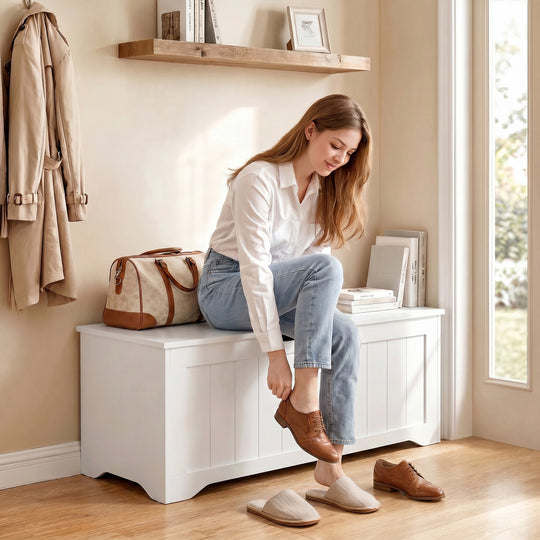 Storage Bench with Lift Top Storage Chest with Safety Hinges for Entryway, Living Room, White