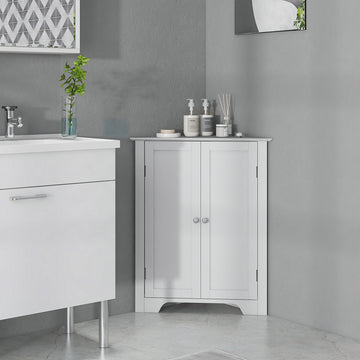 Modern Bathroom Storage Cabinet, Corner Cabinet with Doors, Bathroom Cabinet with Adjustable Shelf and Recessed Door, White