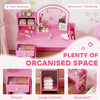 Qaba Kids Vanity Set, Toddler Dressing Table and Chair Set  with Lighted Mirror, Cabinet, Drawer and Shelves, Pink