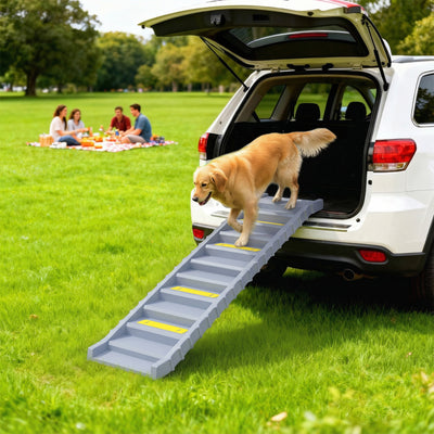 Foldable Dog Car Ramp, Dog Ramp with Anti-Slip Steps, Pet Stairs for Senior Pets to Access Cars and High Beds, Grey