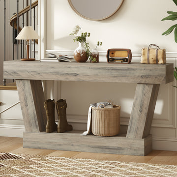 63 Inch Vintage Console Table, Narrow Entryway Table with Open Shelf for Living Room, Light Brown