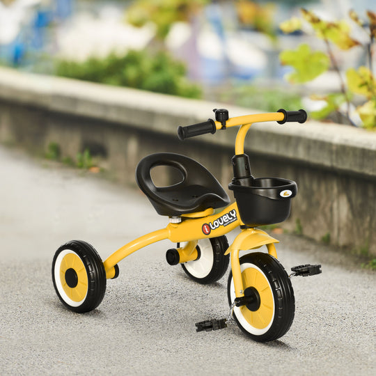 Tricycle for Toddler 2-5 Year Old Girls and Boys, Toddler Trike with Adjustable Seat, Basket, Bell, Yellow