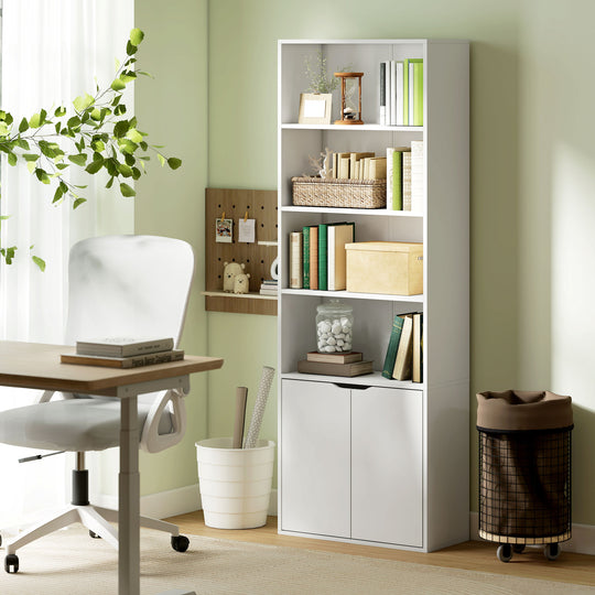 4-Tier Open Bookshelf with Doors Modern Home Office Bookcase Storage Cabinet for Living Room Bathroom Study, White