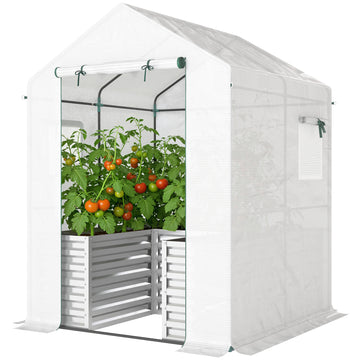 Greenhouse with Raised Garden Bed, Galvanized Metal Planter Box with PE Cover, Roll Up Door, 56