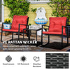 3 Pieces Rocking Bistro Set, Outdoor Wicker Patio Furniture with Glass Coffee Table and Outside Rocking Chairs for Porch, Conversation Sets with Thick Cushions, Red
