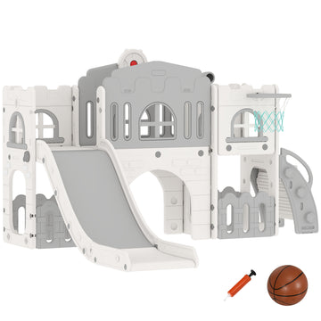 Qaba 7 in 1 Toddler Slide with Basketball Hoop, Climber, Telescope, Tunnel, Steering Wheel, for 1-3 Years, Yellow