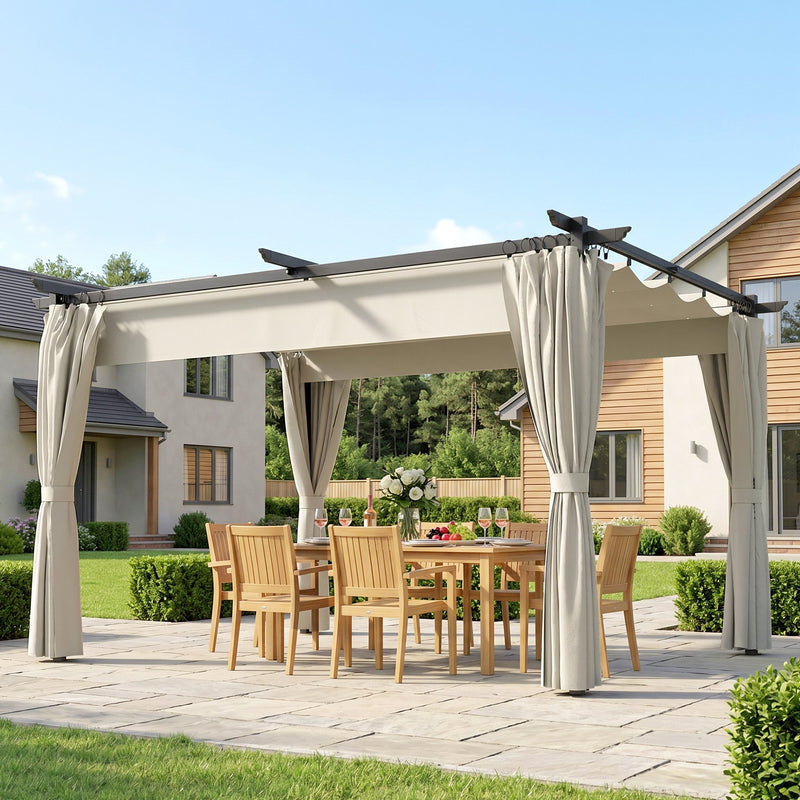 10' x 13' Pergola with Retractable Canopy and Curtains, UPF30+ Sun Shade Shelter for Grill, Garden, Backyard, Deck, Cream White
