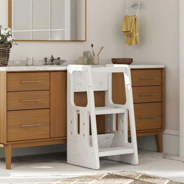 Qaba Toddler Kitchen Helper 2 Step Stool with Adjustable Height Platform and Safety Rail, White