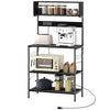 Baker's Rack with Charing Station, Microwave Shelf with Power Outlet, USB Charger and 5 Hooks, Black