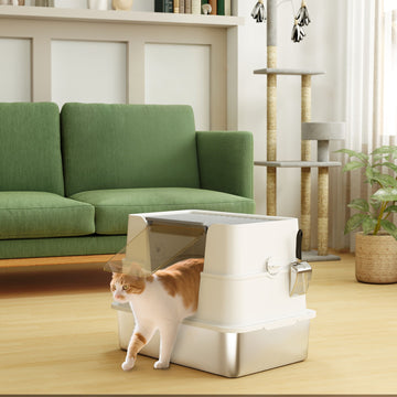 XL Stainless Steel Litter Box with Lid, Extra Large Covered Cat Litter Box for Indoor Kittens with Filp Top, Scoop