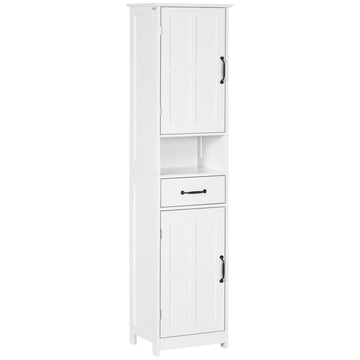 Modern Bathroom Cabinet, Narrow Bathroom Vanities with Open Shelf Drawer Recessed Doors and Adjustable Shelves White