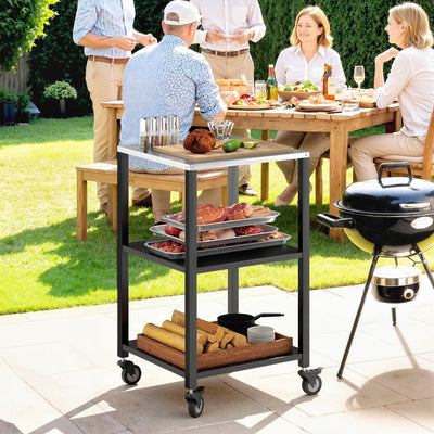 Chariot de barbecue extérieur, support de four à pizza avec dessus en acier inoxydable, poste de préparation de cuisine roulant à 3 niveaux avec roues, noir