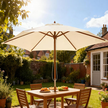 8FT Wood Market Umbrella Patio Umbrella Round Garden Parasol Canopy with Bamboo Ribs and Top Vent, Cream White
