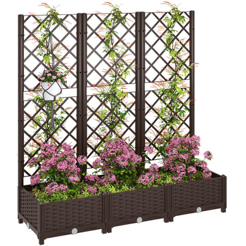Raised Garden Bed with Trellis, PE Rattan Flower Bed with Drainage Holes and Drain Plugs, 47