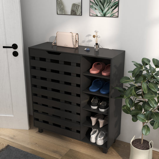Shoe Cabinet, 21 Pair Shoe Storage Cabinet Organizer with 5-tier Double Door Cupboard and 5-tier Open Shelves, Black