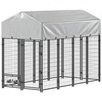 8' x 4' x 6' Outdoor Dog Kennel, Dog Kennel Outside Run with 360° Rotating Bowls, Waterproof & UV Resistant Cover, Silver