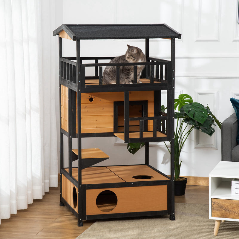 4-Floor Wood Outdoor Cat House Catio for Cats with Condo, Fun Entrances, Perch, Natural