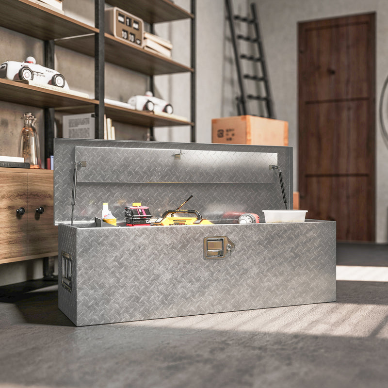 48 Inch Truck Bed Tool Box, Heavy Duty Aluminum Diamond Plate Trailer Tongue Box with Side Handle and Locks Keys
