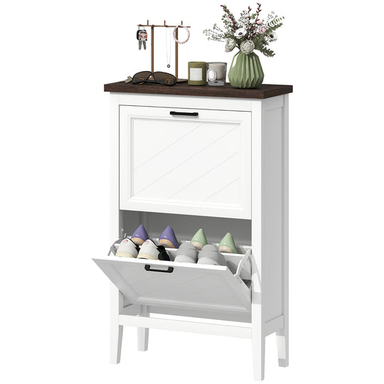 Meuble à chaussures avec 2 tiroirs basculants, rangement à chaussures de style champêtre étroit avec tablettes ajustables, blanc