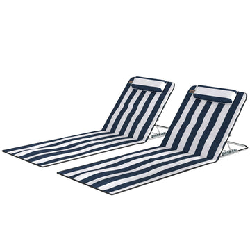 2 Pieces Beach Lounge Chair, Outdoor Folding Chaise Lounge Set w/ Pillow for Sunbath, Snap, Blue and White