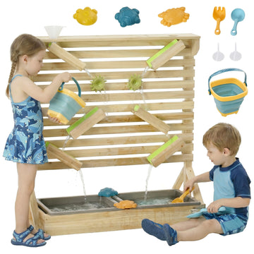 18 Pcs Kids Running Water and Sand Playset Outdoor with Sinks, Wooden Sensory Toys with Colorful Accessories, Gift for Boys and Girls, Aged 3-7 Years Old
