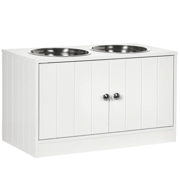 Elevated Dog Bowls for Large Dogs Pet Feeding Station with Stand, Storage, 2 Stainless Steel Food and Water Bowls, White, 23.6