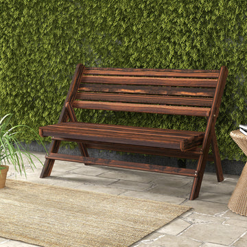 2-Seater Wooden Outdoor Bench, Foldable Garden Bench with Slatted Backrest and Seat, Patio Loveseat, Carbonised Finish