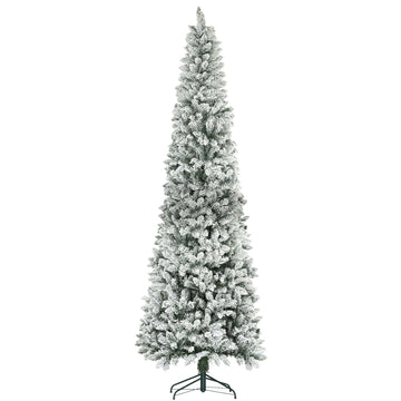 9ft Pencil Christmas Tree, Flocked Tree with 1277 Branch Tips and Metal Base for Home, Indoor, Holiday