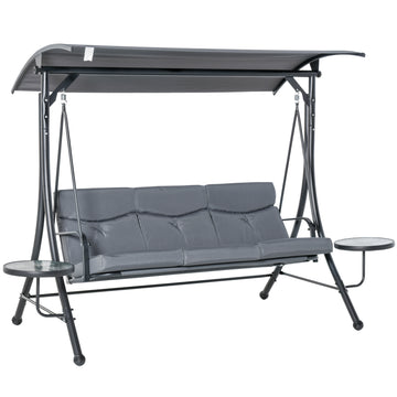 3 Seat Outdoor Swing Chair Steel Swing Bench Porch Swing With Adjustable Canopy, Coffee Tables and Cushion for Patio Garden, Dark