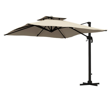 10ft Square Cantilever Patio Umbrella, 360° Rotating Overhanging Umbrella with Cross Base, Crank Handle, Khaki