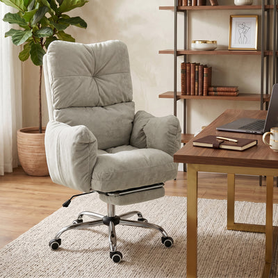 Office Chair with Foot Rest, Ergonomic Reclining Computer Gaming Chair w/ Snow Flannel Fabric, Thick Cushion, Light Grey