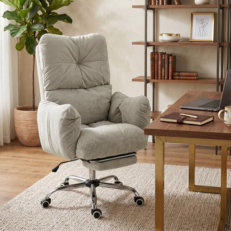 Office Chair with Foot Rest, Ergonomic Reclining Computer Gaming Chair w/ Snow Flannel Fabric, Thick Cushion, Light Grey