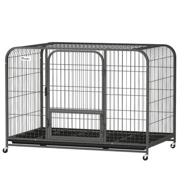 48 Inch Heavy Duty Dog Crate, Large Metal Dog Cage with Lockable Wheels and Removable Tray